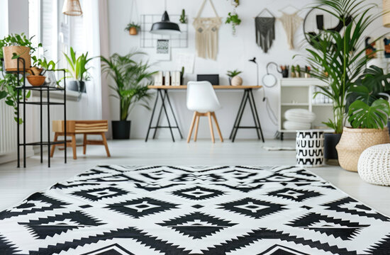 A white room with black and grey geometric patterns on the floor, featuring an office desk in one corner of the space