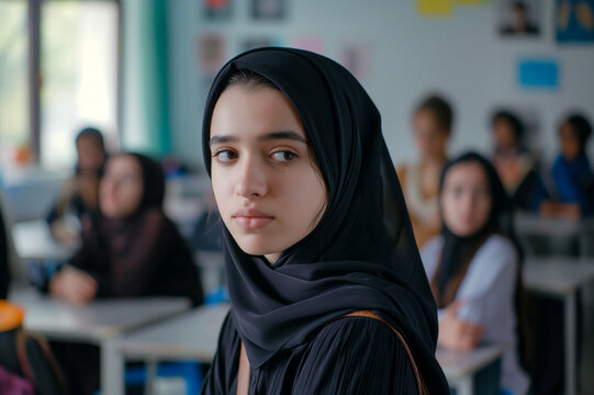 Portrait d'une belle jeune fille naturelle de religion islamiste v&eacute;tue de noir avec un voile dans une salle de classe
