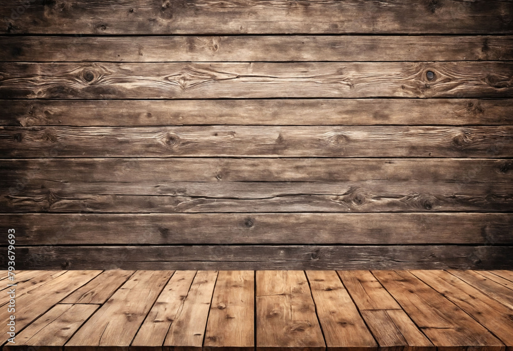 Poster Rustic empty wood table against a light background