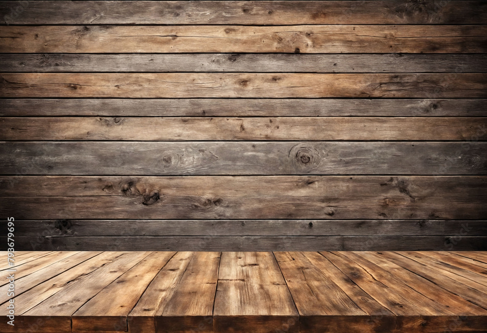 Poster rustic empty wood table against a light background