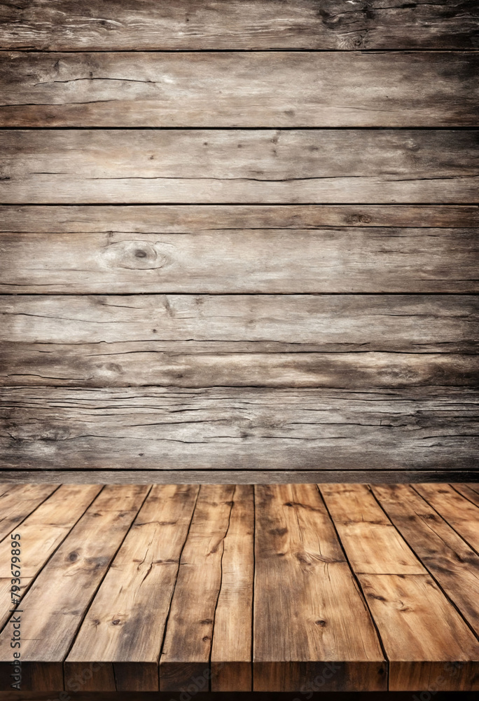 Poster rustic empty wood table against a light background