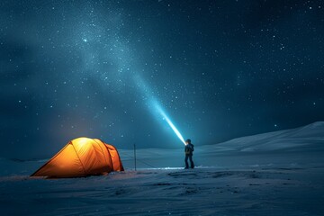 Lonely traveler illuminates the starry night sky near his glowing tent in a snowy landscape - Powered by Adobe