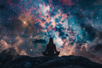 Woman meditating on a rocky surface under a vibrant cosmic sky