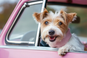 Petit chien mignon et heureux  de race terrier regardant par la fenêtre d'une voiture