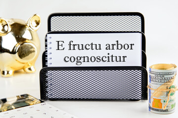 E fructu arbor cognoscitur the phrase in Latin translates as the Tree is known by its fruits on a white notepad with money and a piggy bank in the background out of focus - obrazy, fototapety, plakaty