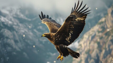 Eagle soaring over snowy mountains with wings spread wide
