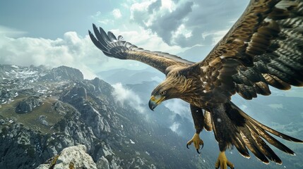 Eagle soaring over snowy mountain ranges under a clear blue sky - Powered by Adobe