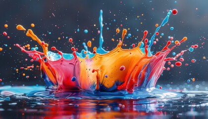 A vibrant splash of colorful paint cascades into the liquid - obrazy, fototapety, plakaty