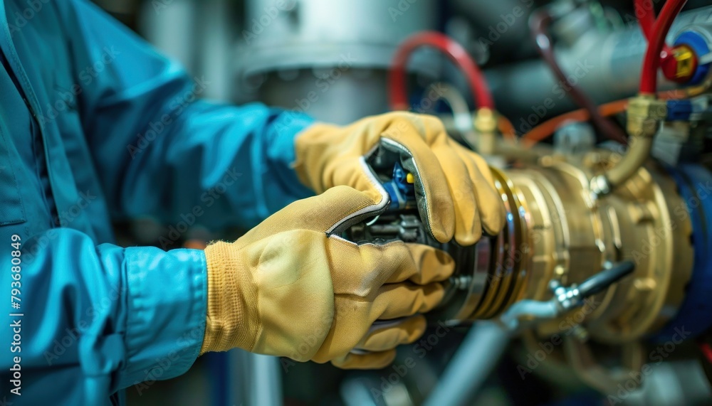 Poster man in gloves services valve on machine in factory