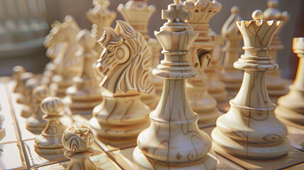 Chess pieces made of wood are positioned on the board	