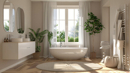 Beige bathroom interior with white sink and mirror 