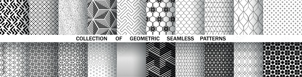 Poster geometric set of seamless black and white patterns. simple vector graphics.