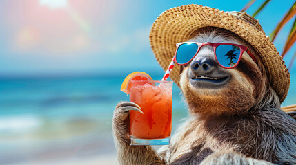 Fototapeta premium Cute a sloth blooper, sunglasses and a glass of cocktail against the background of the ocean