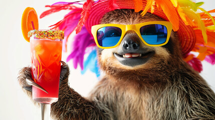 Obraz premium Cute a sloth blooper, sunglasses and a glass of cocktail against the background of the ocean