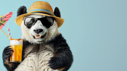 Beach holiday concept with cute panda wearing summer hat on isolated  background	
 - obrazy, fototapety, plakaty