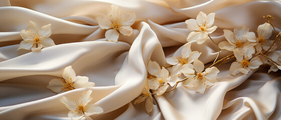 Delicate cherry blossoms rest upon luxurious, smooth satin fabric, embodying a serene and graceful aesthetic.