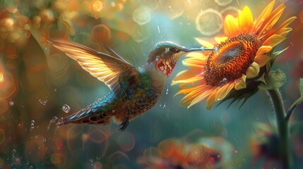 Golden Splendor Hummingbirds and Sunflowers in the Dance of Dawn