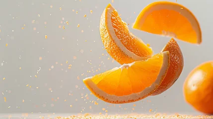 Foto op Plexiglas Juicy orange slices flying in the air on a light background © Taisiia