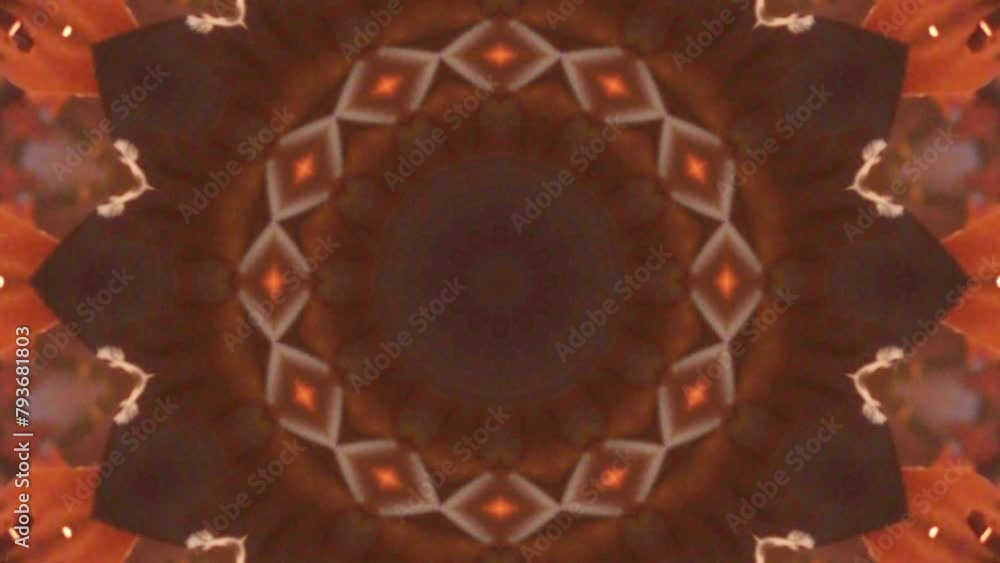 Poster vj loop yellow sci-fi tunnel 3d reflection abstract background. 3d 4k kaleidoscope sacred geometry g