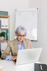 Vertical photo of senior businesswoman working on laptop in the office