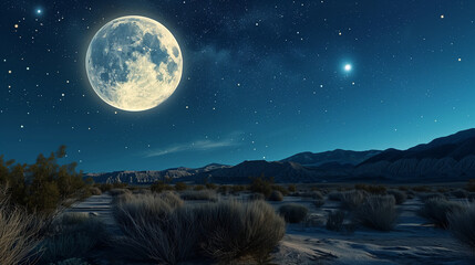 The full moon rises over a vast desert landscape.