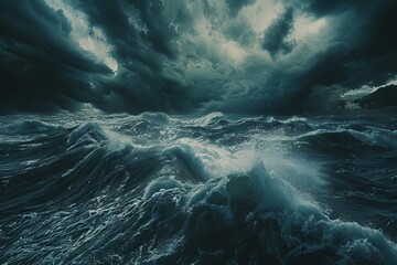 Dramatic stormy seas with crashing waves and dark clouds overhead - obrazy, fototapety, plakaty