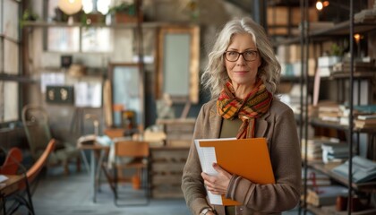 Woman stands in room with folder and paper in hand