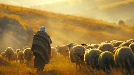 Bible jesus shepherd with his flock of sheep. - obrazy, fototapety, plakaty