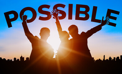 Achievement and Business Goal Success Concept - Creative business people with icon graphic...