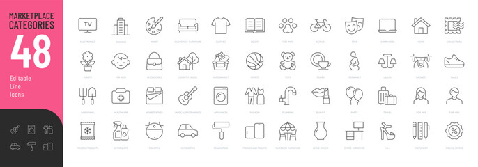 Marketplace Categories Line Editable Icons set. Vector illustration in modern thin line style of e-commerce related icons: household goods, electronics and household appliances, clothing, and more. 