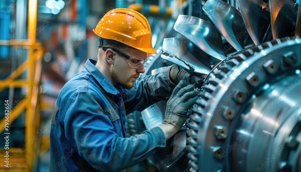 Aufkleber an engineer in workwear and hard hat is operating a machine in a factory