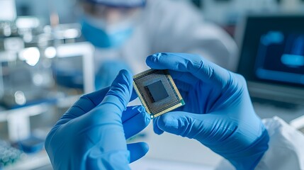microchip semiconductor technology production, hands in blue gloves examine chip sterile, manual inspection lab, assembly manufacture tech industry background