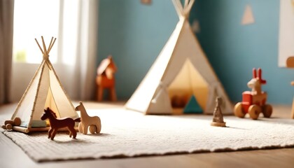 a toy tepee in the centre of the room. next to it a small wooden horse toy. next to it a wooden train toy set - obrazy, fototapety, plakaty