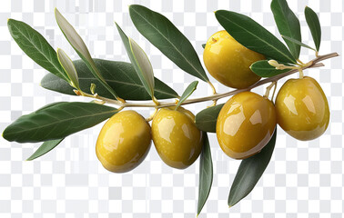 Branch of an olive tree with ripe yellow olives and green leaves, isolated on a transparent background.