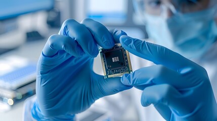 microchip semiconductor technology production, hands in blue gloves examine chip sterile, manual inspection lab, assembly manufacture tech industry background