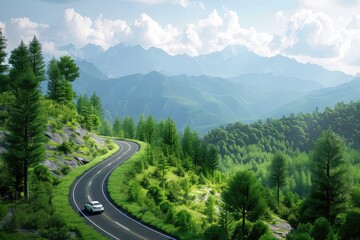 EV (Electric Vehicle) electric car is driving on a winding road that runs through a verdant forest and mountains 