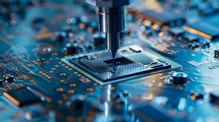microchip semiconductor production, robot automation manufacture, robotic factory, technology plug in circuit board motherboard computer, assembly tech industry background