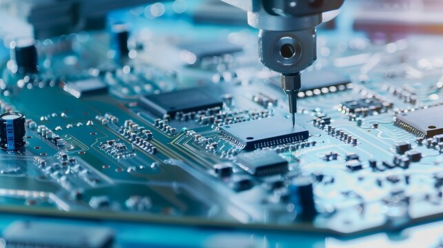 microchip semiconductor production, robot automation manufacture, robotic factory, technology plug in circuit board motherboard computer, assembly tech industry background