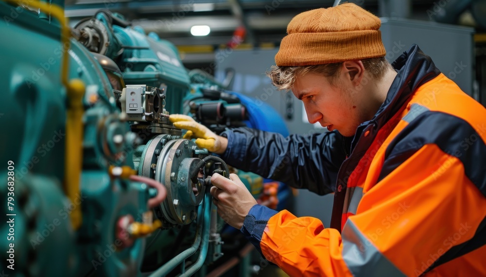 Poster man in workwear and ppe is engineering auto parts in factory machine