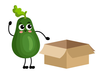 Funny avocado mascot with open cardboard box