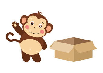 Happy monkey waving and open cardboard box