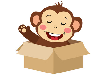 Happy monkey waving inside cardboard box