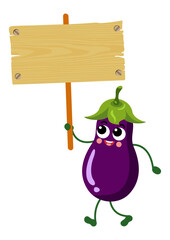 Funny eggplant mascot holding a wooden sign