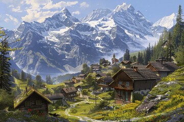 Fototapeta na wymiar A quaint village nestled in the Swiss Alps.