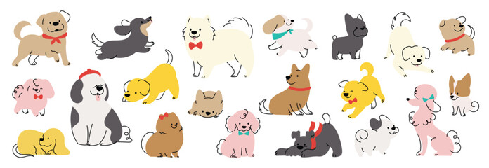Obraz na płótnie Canvas Set of cute dogs clipart vector. Lovely dog and friendly puppy doodle pattern in different poses and breeds with flat color. Adorable funny pet and many characters hand drawn collection.
