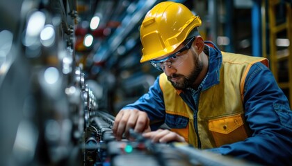 a man wearing a hard hat and safety glasses is working on a machine in a factory