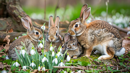 Fototapeta premium Group of rabbit in the forest with snowdrop flowers in the background