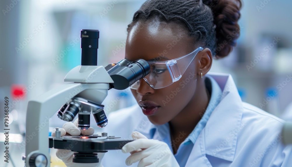 Wall mural a woman is looking through a microscope in a laboratory