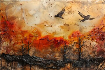 A painting of two birds flying over a landscape with a red sky. The painting has a mood of sadness and loneliness - obrazy, fototapety, plakaty