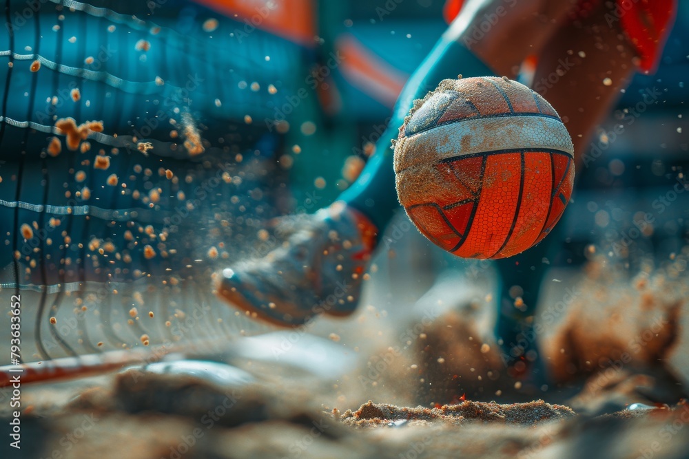 Poster volleyball player s agile block at net, showcasing timing in olympic sport concept